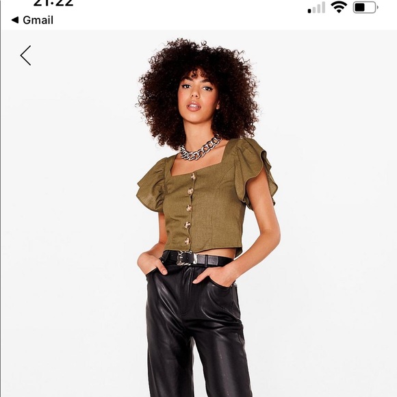 Linen Cropped Button Up Square Neck Blouse - Picture 3 of 6